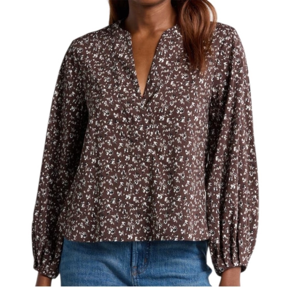 Madewell Chocolate Brown with Black Floral Cropped Blouse Size M